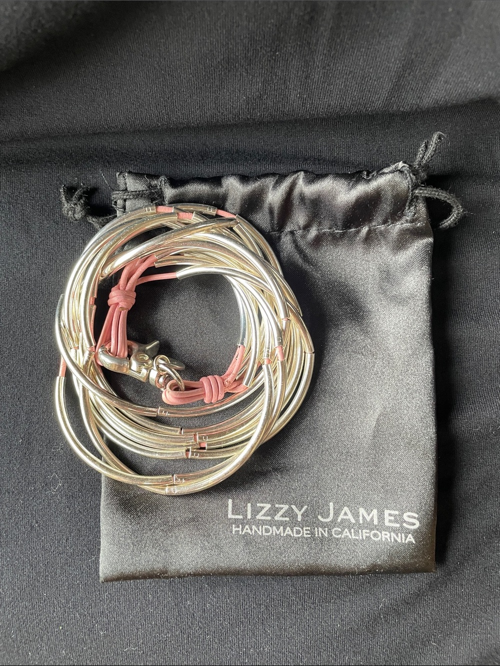 Lizzy James Silver 7 Strand Bracelet, Silver with Pink Leather